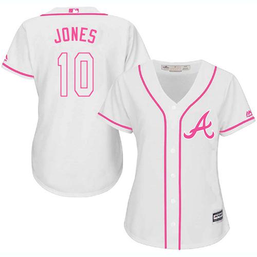 Braves #10 Chipper Jones White/Pink Fashion Women's Stitched MLB Jersey
